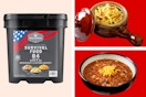 Three photos of the Wise Company Survival Food Bucket: 1 of the product itself and 2 of meal examples