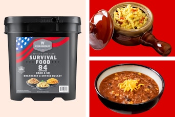 Three photos of the Wise Company Survival Food Bucket: 1 of the product itself and 2 of meal examples
