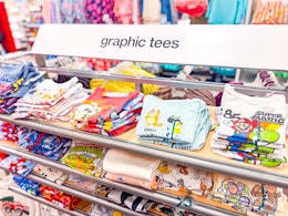 toddler character shirts sitting on a target shelf