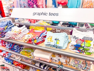 toddler character shirts sitting on a target shelf