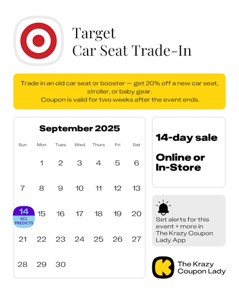 Calendar graphic of Target Car Seat Trade-In that is predicted for Sept 14 2025