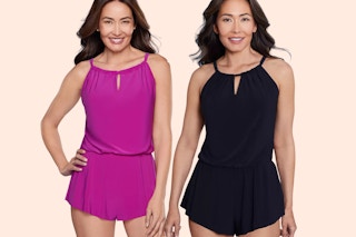 a pink and black swim romper