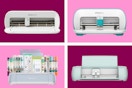Four different refurbished Cricuts on a maroon and pink collage background. 