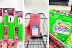 collage image of maybelline mascara, loreal toner, and gain flings detergent