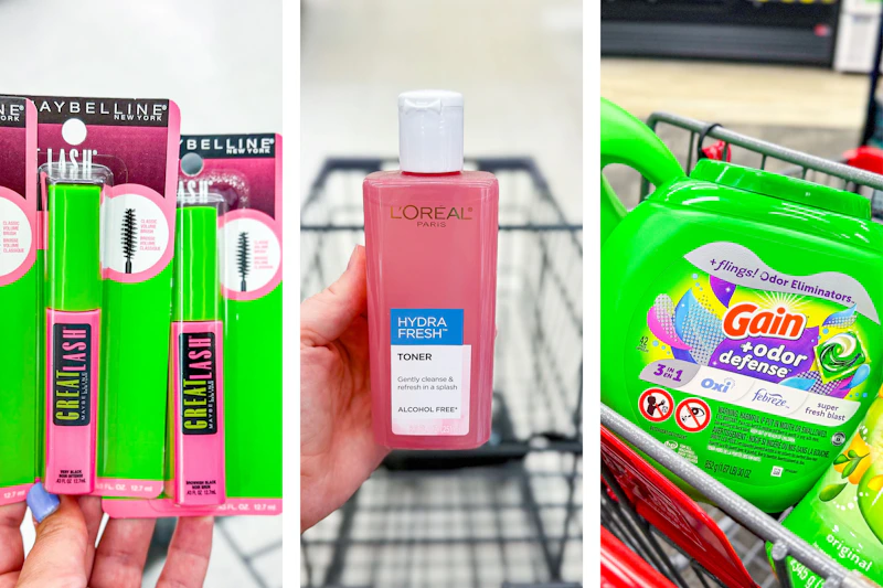 collage image of maybelline mascara, loreal toner, and gain flings detergent