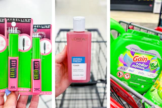 collage image of maybelline mascara, loreal toner, and gain flings detergent