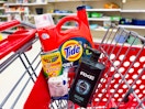 detergent, crayons, and soap in a shopping cart