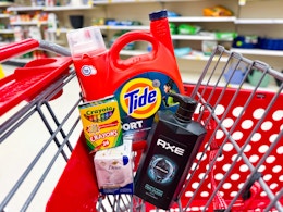 detergent, crayons, and soap in a shopping cart