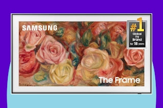 SAMSUNG 55-Inch Class QLED 4K LS03D The Frame Series Quantum HDR Smart TV on a blue background.