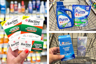 collage image of bactine ointment, purex laundry detergent, and crest whitening products