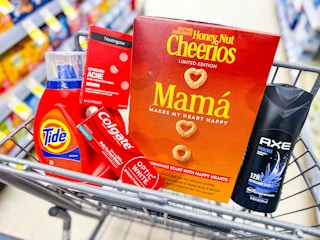 tide, colgate, neutrogena, axe, and cheerios in a cart