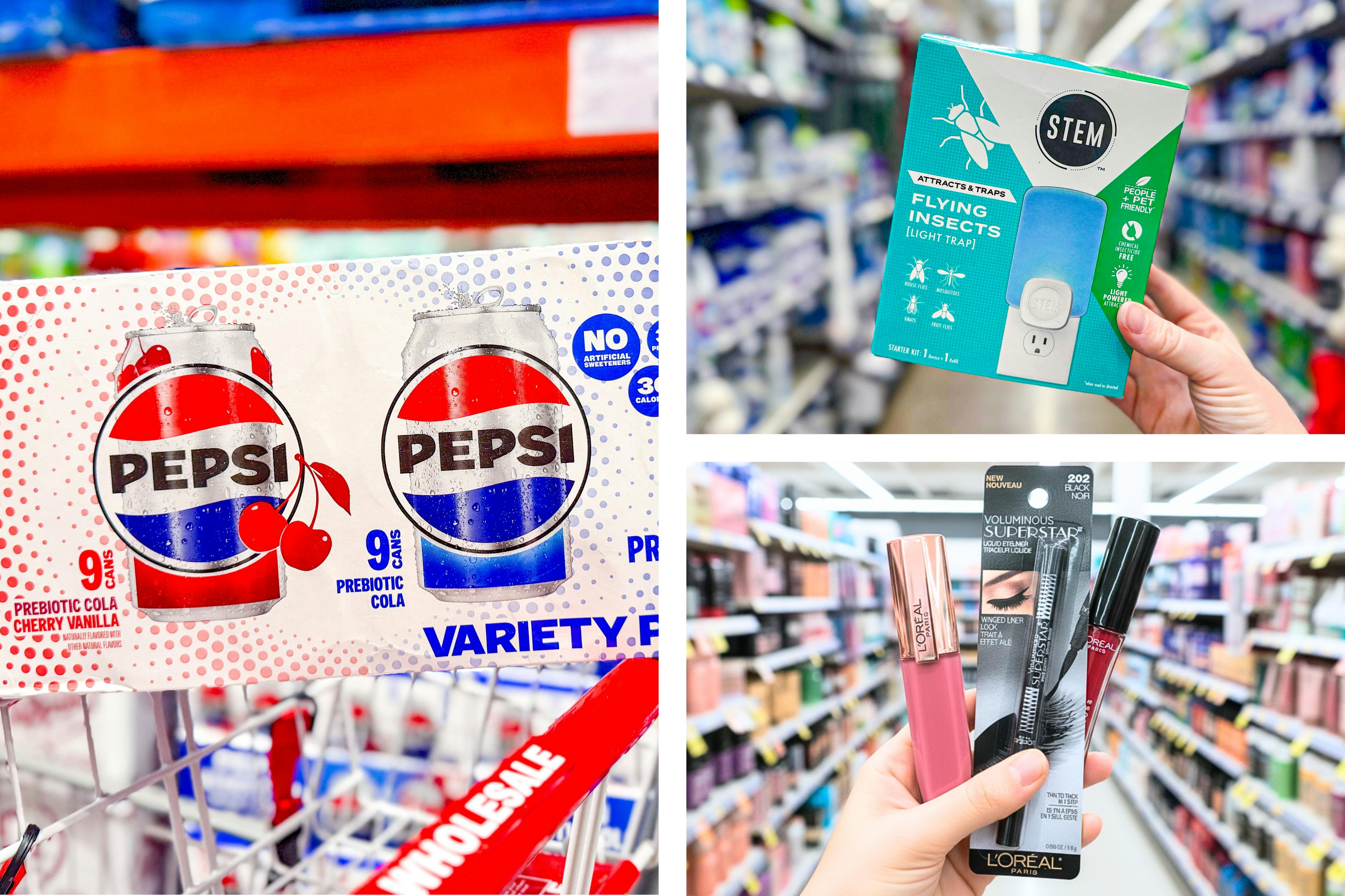 collage with pepsi, stem, and l'oreal products