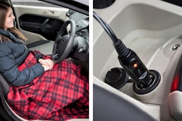 2 lifestyle images of the Flemming Supply red plaid heated blanket (drapped over women's life + close up of it plugged in)