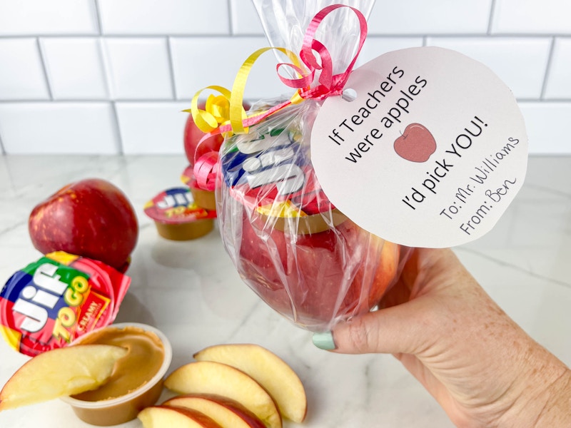 apples and individual peanut butters as a teacher gift on counter 