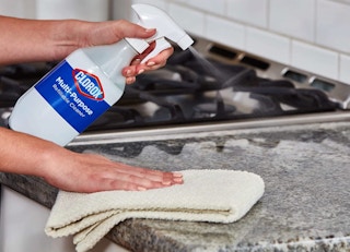 clorox spray and a cloth at a kitchen counter