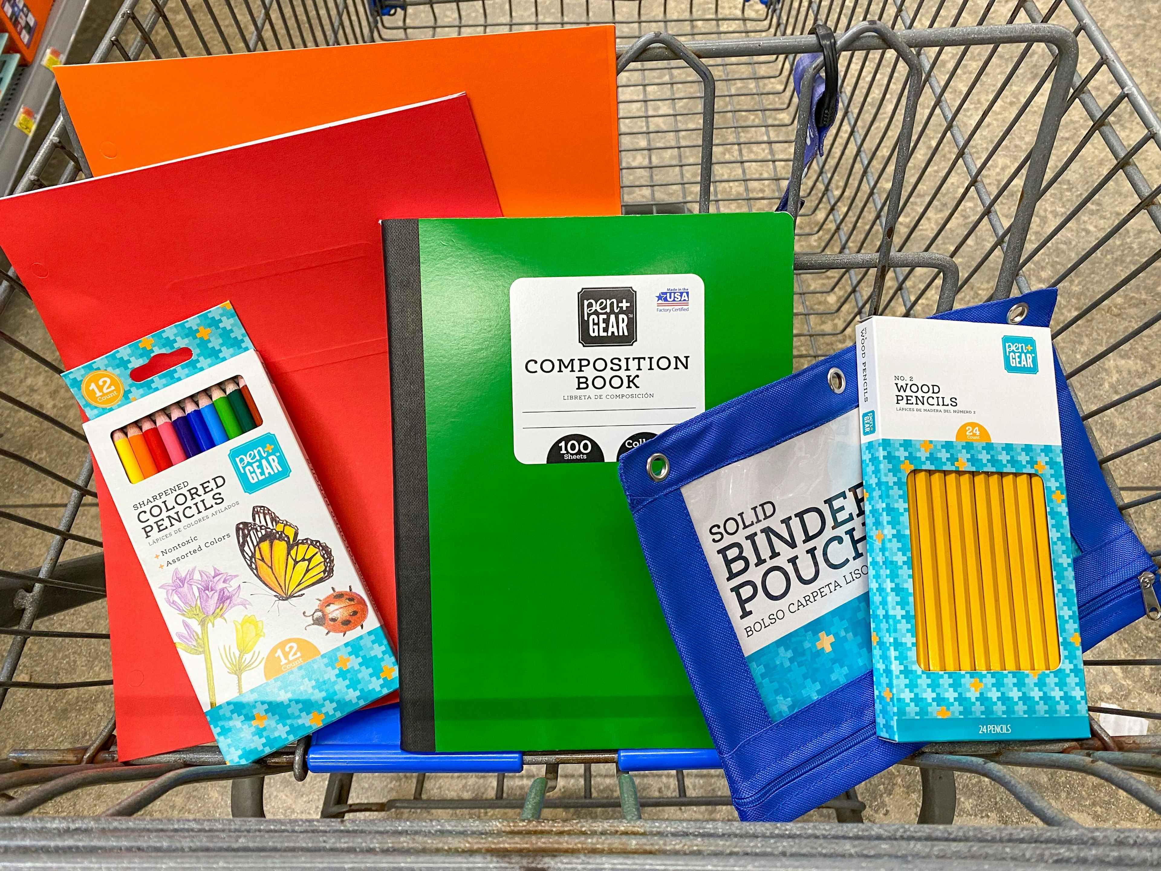 Some Pen + Gear school supplies in a Walmart cart.