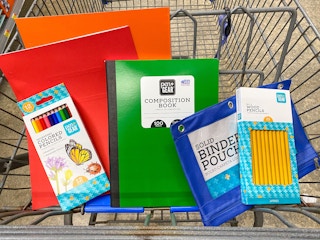 Some Pen + Gear school supplies in a Walmart cart.