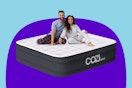 Stock image of the Cozi Air Mattress in size Queen with 2 adults sitting on top