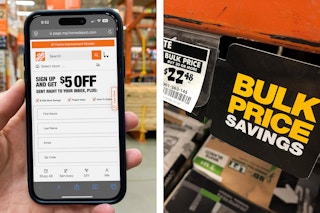 someone holding a phone showing a $5 off offer and bulk price savings tag