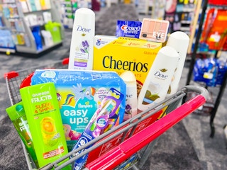 shopping cart with pampers garnier cheerios dove covergirl crest