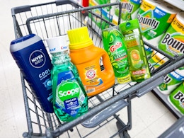 body wash, mouthwash, detergent, dish soap, and shampoo in a cart