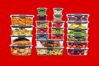Rubbermaid food storage containers on a red background