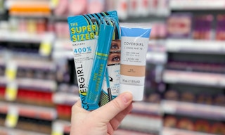 hand holding covergirl mascara and BB cream foundation