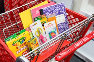a staples cart filled with school supplies 