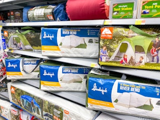Camping tents on a shelf at Walmart