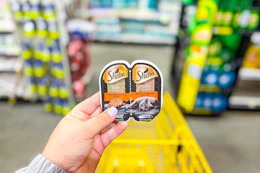 hand holding up sheba perfect portions wet cat food