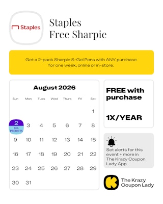 Calendar graphic with Staples free sharpie with the prediction aug 2 2026