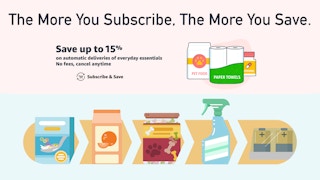 Cartoon grocery items on a pink and blue background with the words, "The more you subscribe, the more you save." printed above.