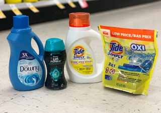 Downy fabric softener, down unstoppables, tide simply detergent, and tide simply pods