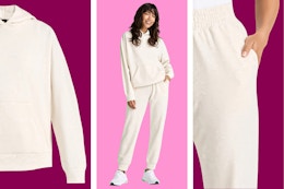 1 photo of woman wearing a hoodie and pair of joggers and 2 photos of the apparel items separately 
