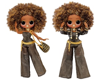 Two dolls posing on a white background