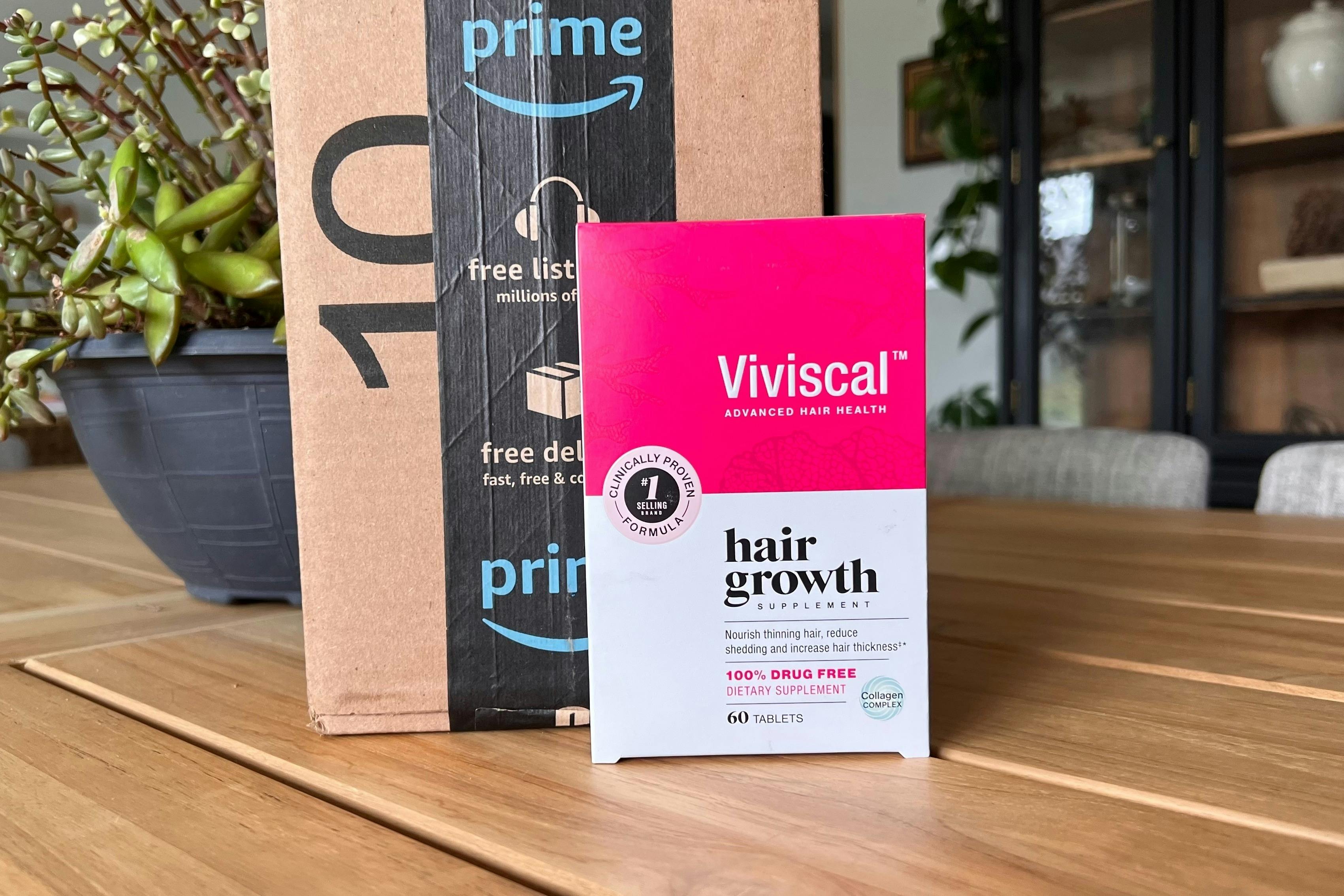 hair supplements in front of amazon box