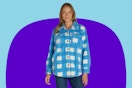Model wearing the "blue eyes" Time and Tru Women's Shacket