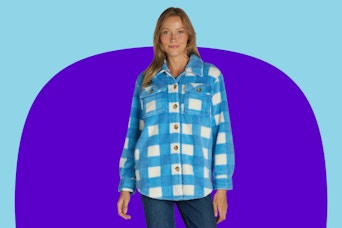 Model wearing the "blue eyes" Time and Tru Women's Shacket