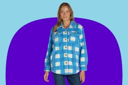 Model wearing the "blue eyes" Time and Tru Women's Shacket