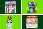 collage with candle, bluey, elf on the shelf clothing, and stitch