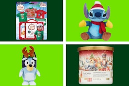 collage with candle, bluey, elf on the shelf clothing, and stitch