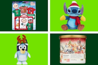 collage with candle, bluey, elf on the shelf clothing, and stitch