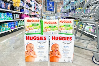 huggies diapers and wipes stacked in store floor