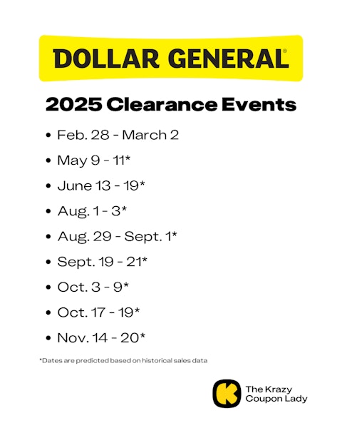 Predicted schedule of when Dollar General Clearance Events will happen in 2025 based on data tracking by The Krazy Coupon Lady team.