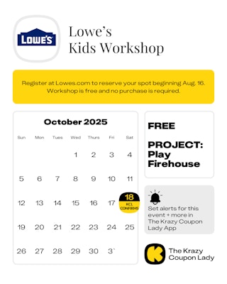 Calendar Graphic with Lowe's kids workshop for october 18 2025