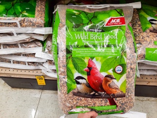 Hand grabbing a 20-pound bag of Ace Hardware brand Wild Bird Food off the shelf.