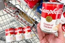 a person holding a can of soup along with other cans in cart