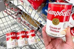 a person holding a can of soup along with other cans in cart