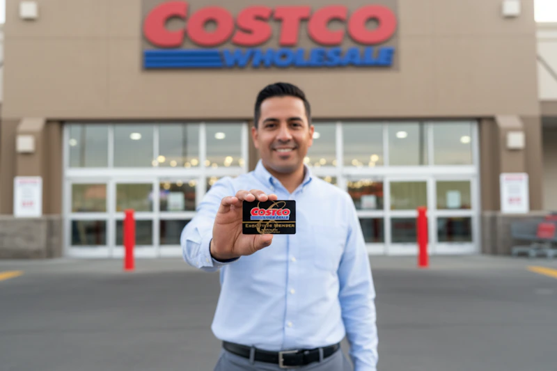 a man holding a costco card in front of the store