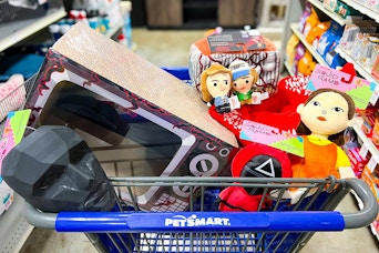 cart full of netflix themed cat and dog toys